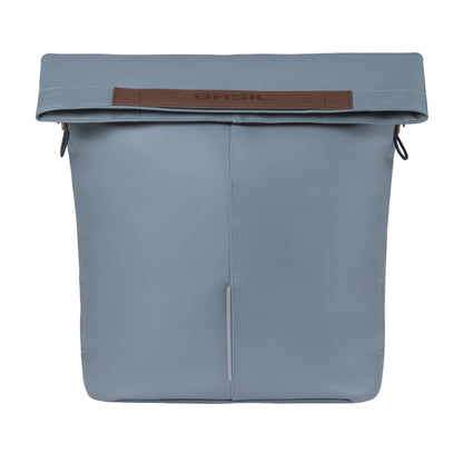 Sacoche arrière vélo latérale sac bandoulière Basil city shopper vegan bleu imitation cuir droit-gauche 14-16l fixation hook-on porte bagage fermeture pliante anti-pluie avec réflechissant
