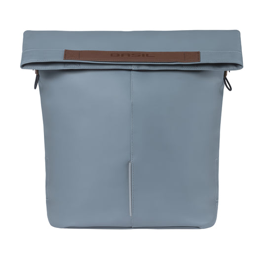 Sacoche arrière vélo latérale sac bandoulière Basil city shopper vegan bleu imitation cuir droit-gauche 14-16l fixation hook-on porte bagage fermeture pliante anti-pluie avec réflechissant