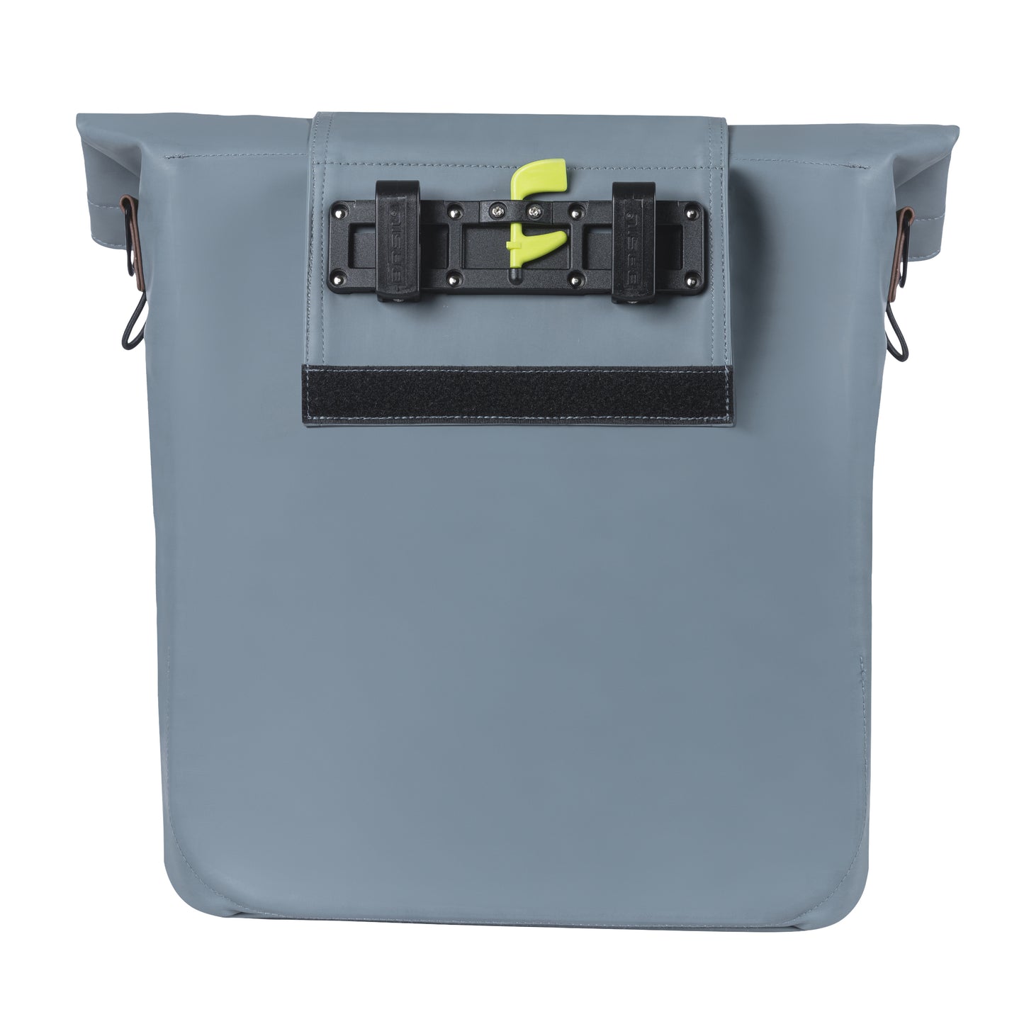 Sacoche arrière vélo latérale sac bandoulière Basil city shopper vegan bleu imitation cuir droit-gauche 14-16l fixation hook-on porte bagage fermeture pliante anti-pluie avec réflechissant