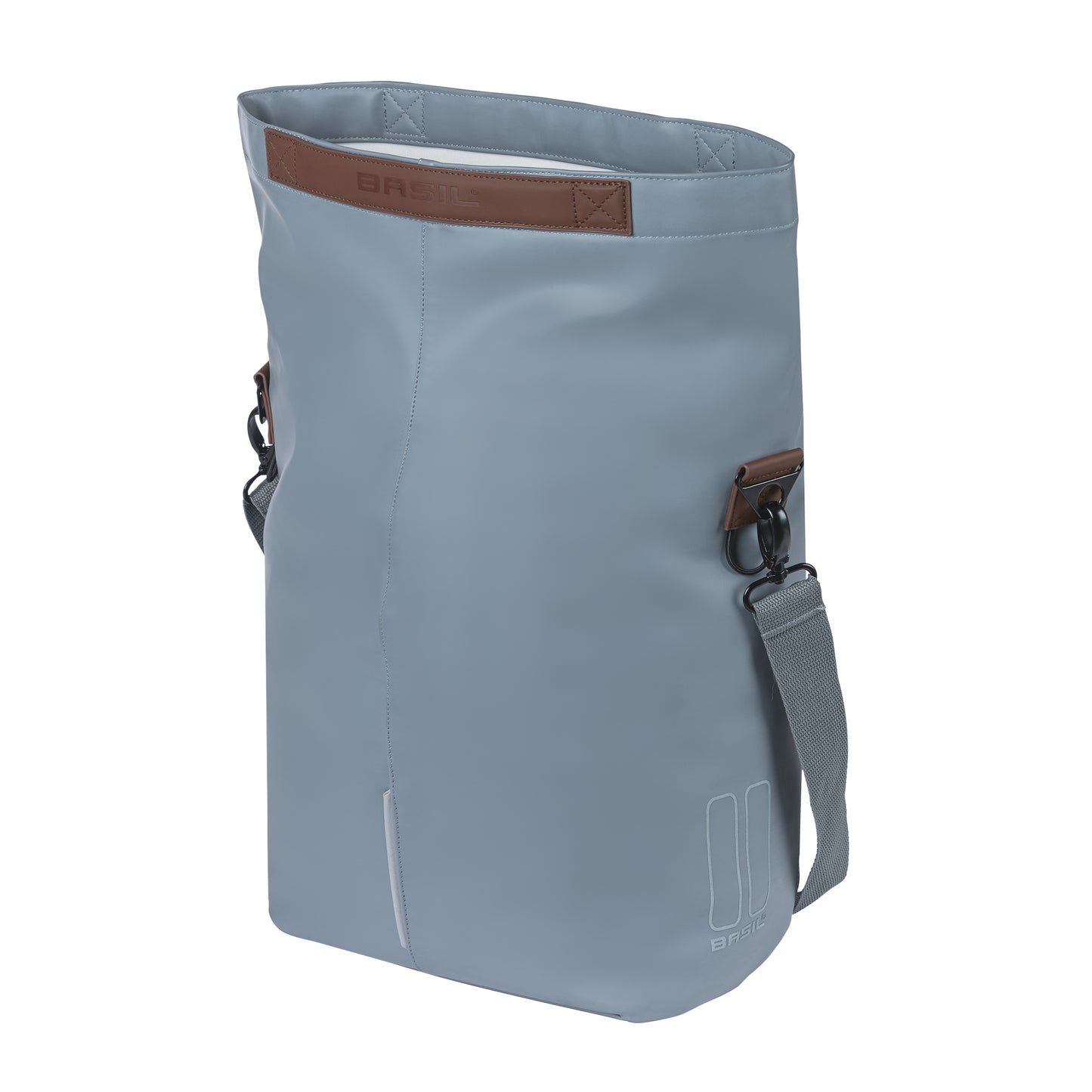 Sacoche arrière vélo latérale sac bandoulière Basil city shopper vegan bleu imitation cuir droit-gauche 14-16l fixation hook-on porte bagage fermeture pliante anti-pluie avec réflechissant