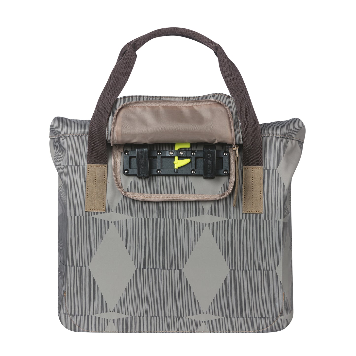 Sacoche arrière vélo latérale sac bandoulière Basil city shopper élegance taupe droit-gauche 20-26l fixation hook-on porte bagage fermeture pliante anti-pluie