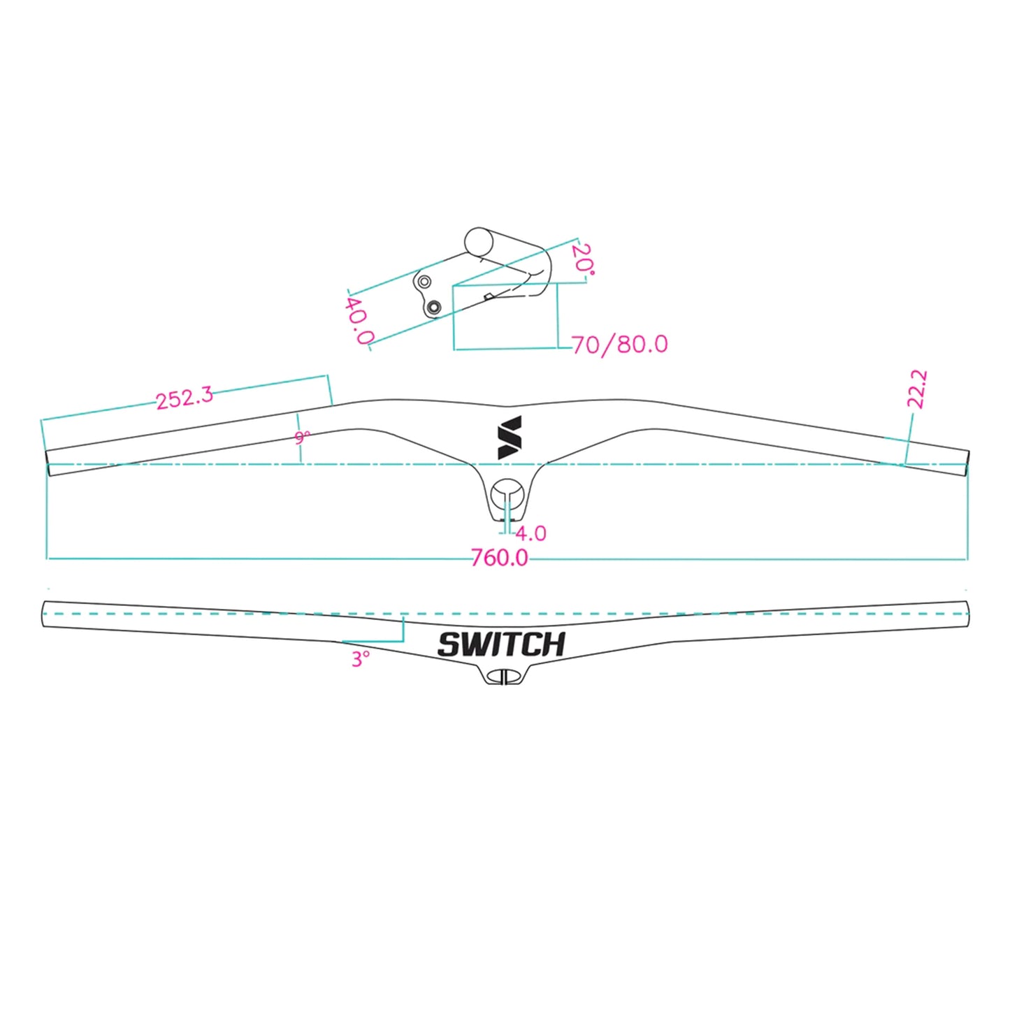 Cintre VTT droit Switch concorde avec potence integrée full carbone l 760mm potence l 80mm pour pivot 1" 1-8. (poids 260g)