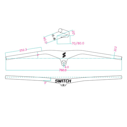 Cintre VTT droit Switch concorde avec potence integrée full carbone l 760mm potence l 80mm pour pivot 1" 1-8. (poids 260g)