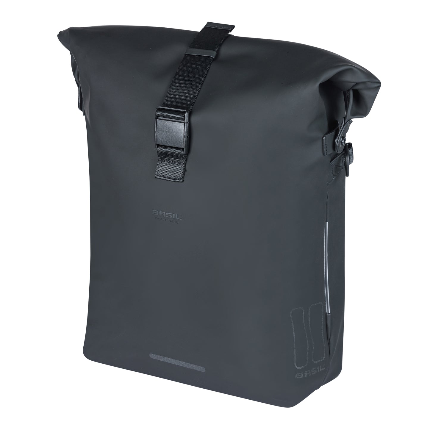 Sacoche arrière sac à dos vélo latérale Basil soho 17l noir fixation porte bagage avec système mik studs 31x16x37cm avec éclairage led