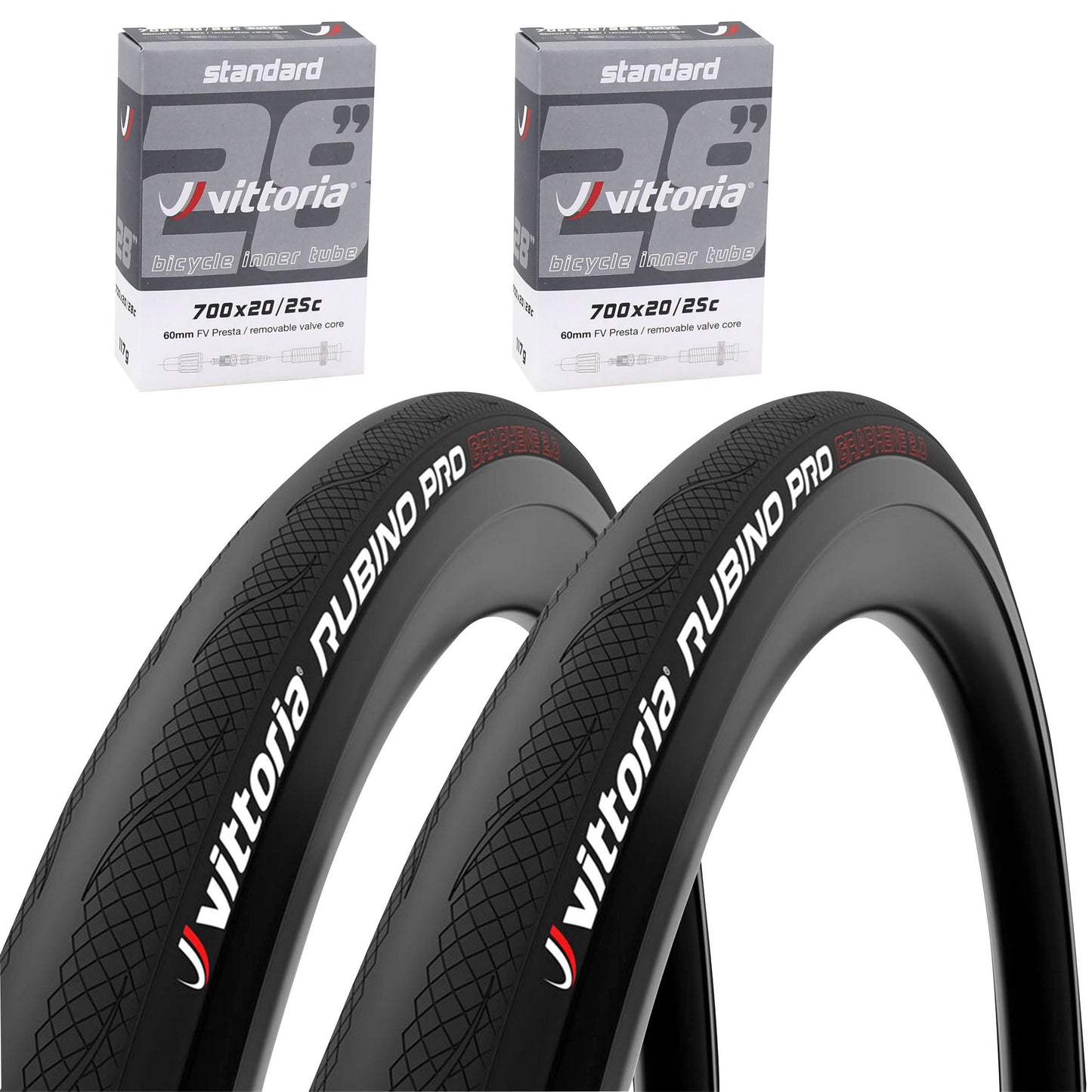 Pneu Route 700 X 25 Vittoria Rubino Pro 4 Noir Graphene 2.0 TS (25-622) (Pack de 2 pneus et 2 chambres)