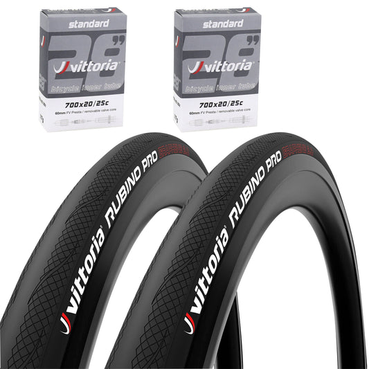 Road Tire 700 X 25 Vittoria Rubino Pro 4 Black Graphene 2.0 TS (25-622) (Pack of 2 tires and 2 tubes)