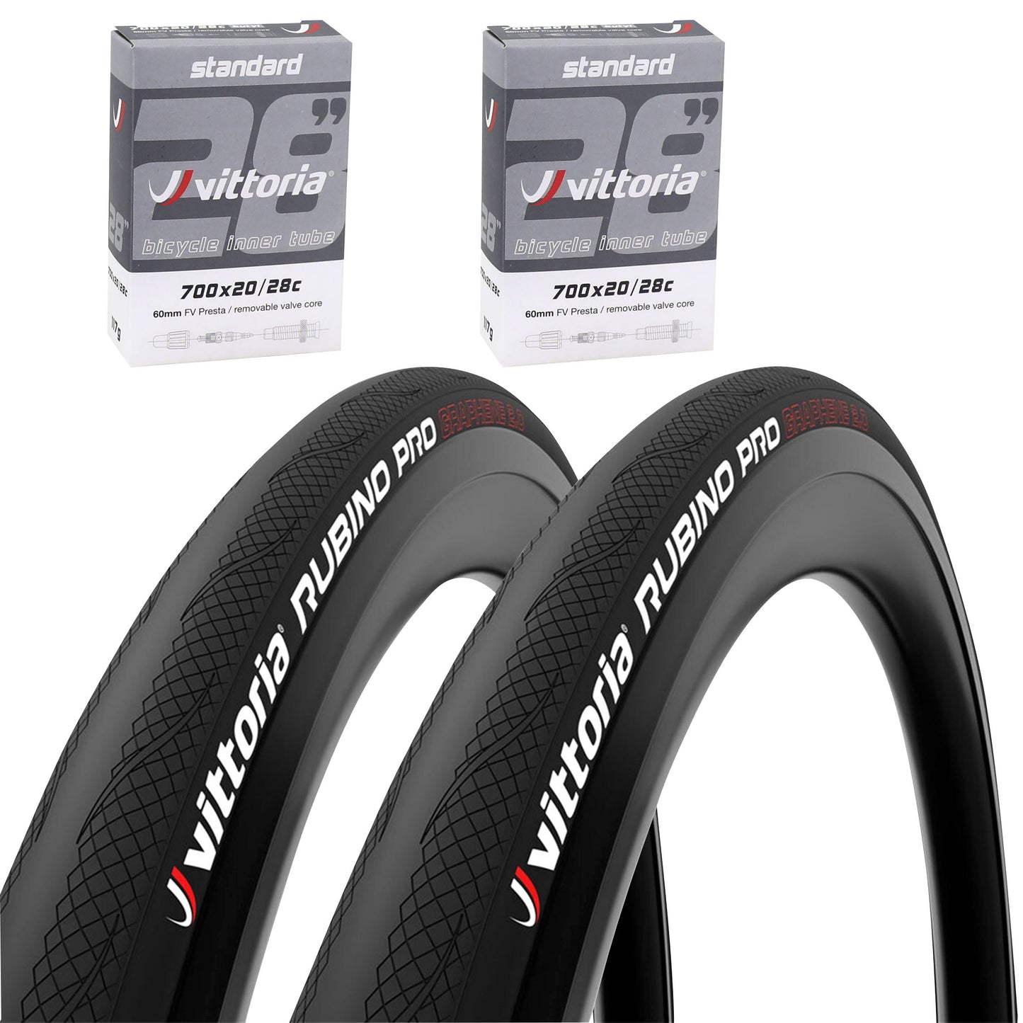 Vittoria Rubino Pro 4 Graphene 2.0 TS 700 x 28 Road Tire Black (28-622) (Pack of 2 Tires and 2 Inner Tubes)