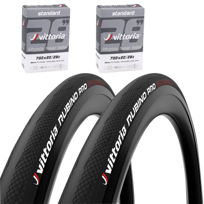 Vittoria Rubino Pro 4 Graphene 2.0 TS 700 x 28 Road Tire Black (28-622) (Pack of 2 Tires and 2 Inner Tubes)