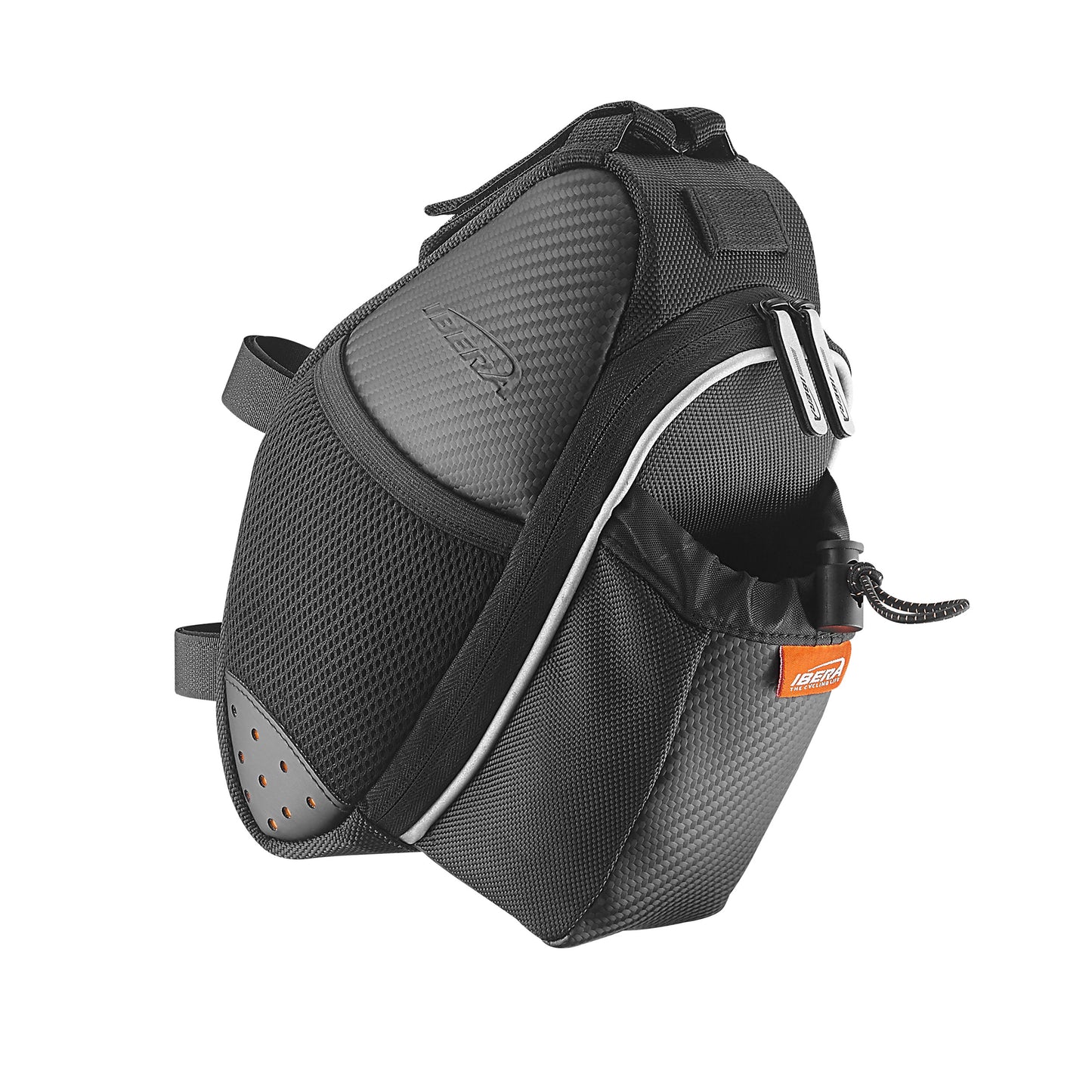 Sacoche de selle vélo Ibera seatpak 1.7l noir avec emplacement bidon fixation sangles sur chariot et tige de selle