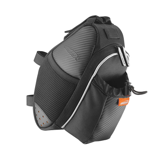 Sacoche de selle vélo Ibera seatpak 1.7l noir avec emplacement bidon fixation sangles sur chariot et tige de selle