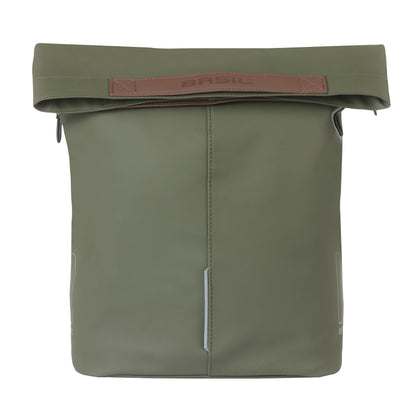 Sacoche arrière vélo latérale sac bandoulière Basil city shopper vegan vert imitation cuir droit-gauche 14-16l fixation hook-on porte bagage fermeture pliante anti-pluie avec réflechissant