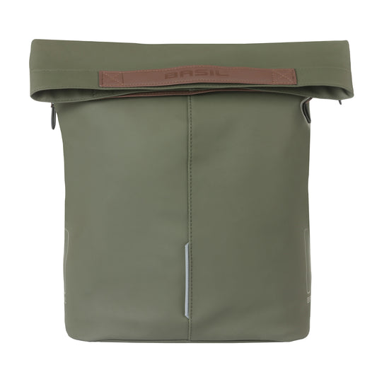 Sacoche arrière vélo latérale sac bandoulière Basil city shopper vegan vert imitation cuir droit-gauche 14-16l fixation hook-on porte bagage fermeture pliante anti-pluie avec réflechissant