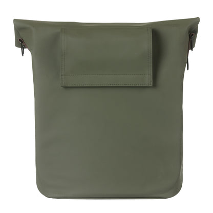Sacoche arrière vélo latérale sac bandoulière Basil city shopper vegan vert imitation cuir droit-gauche 14-16l fixation hook-on porte bagage fermeture pliante anti-pluie avec réflechissant