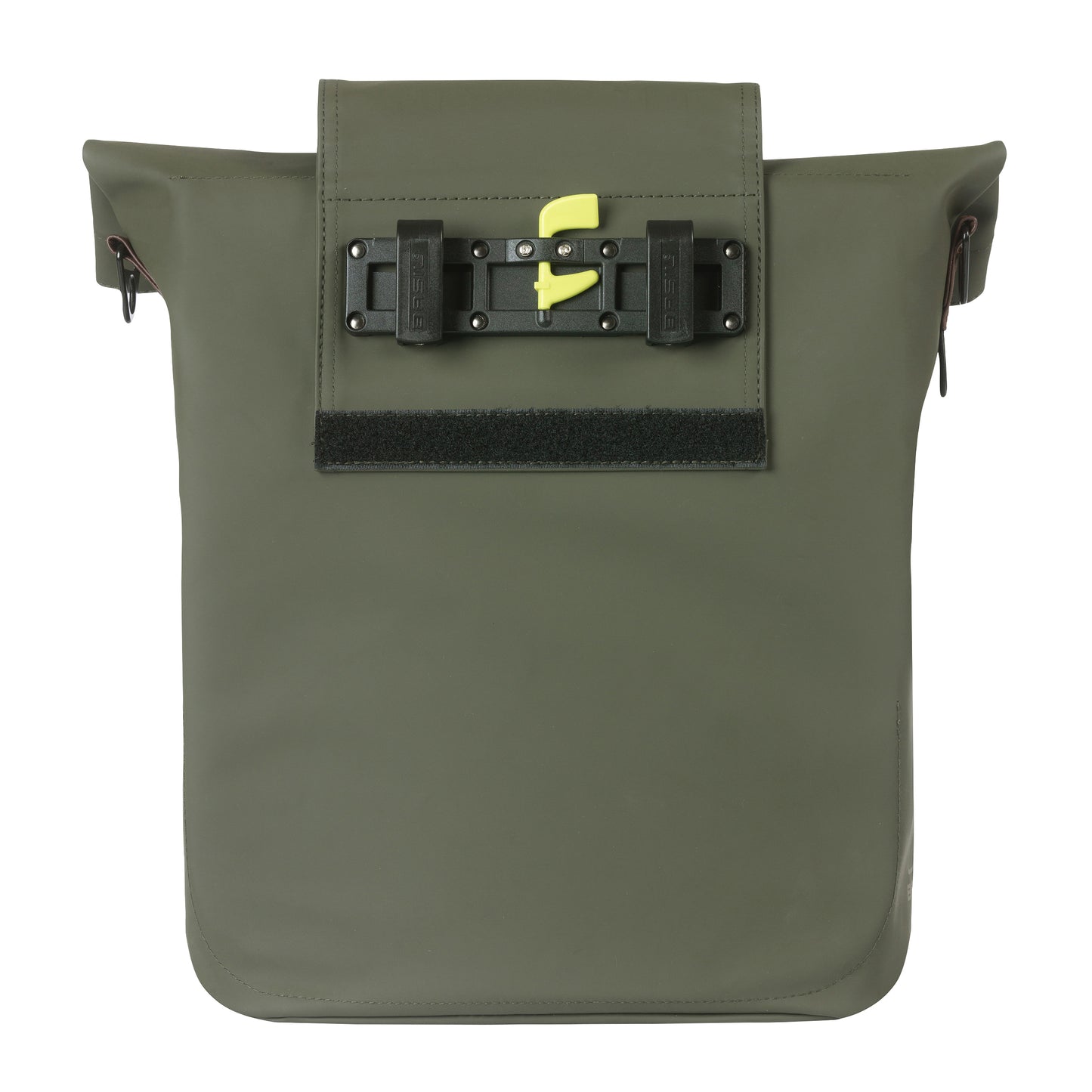 Sacoche arrière vélo latérale sac bandoulière Basil city shopper vegan vert imitation cuir droit-gauche 14-16l fixation hook-on porte bagage fermeture pliante anti-pluie avec réflechissant