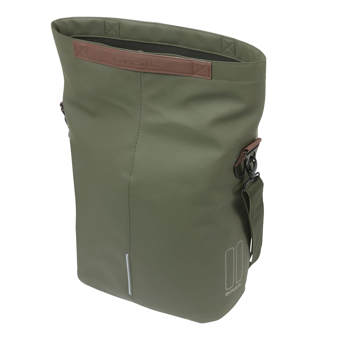 Sacoche arrière vélo latérale sac bandoulière Basil city shopper vegan vert imitation cuir droit-gauche 14-16l fixation hook-on porte bagage fermeture pliante anti-pluie avec réflechissant