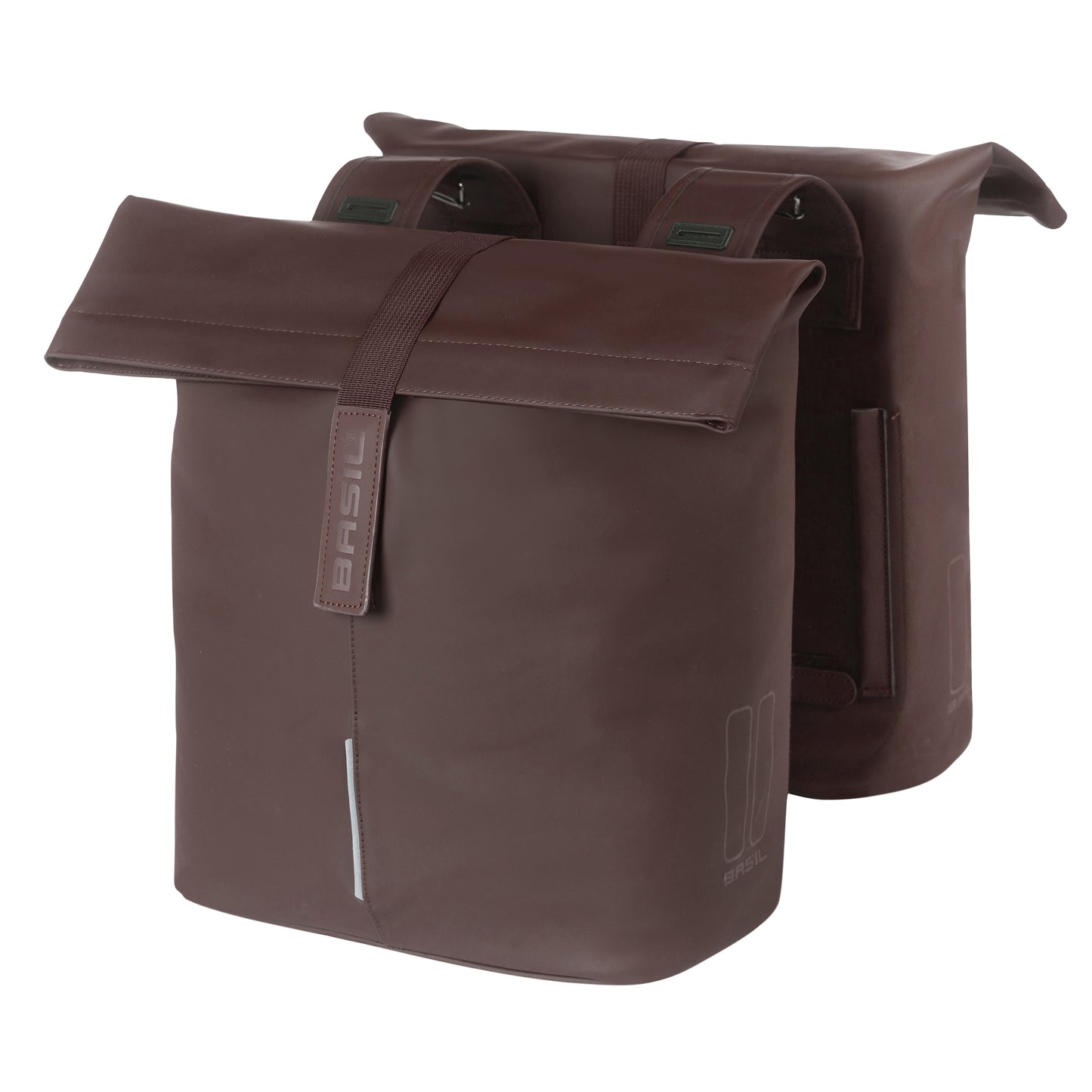 Sacoche arrière vélo double Basil vegan marron imitation cuir 28-32l fixation universelle porte bagage fermeture pliante anti-pluie avec réflechissant