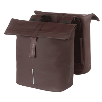 Sacoche arrière vélo double Basil vegan marron imitation cuir 28-32l fixation universelle porte bagage fermeture pliante anti-pluie avec réflechissant