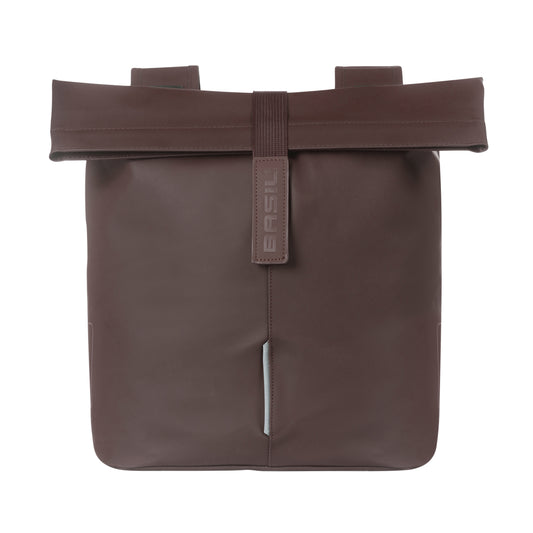 Sacoche arrière vélo double Basil vegan marron imitation cuir 28-32l fixation universelle porte bagage fermeture pliante anti-pluie avec réflechissant
