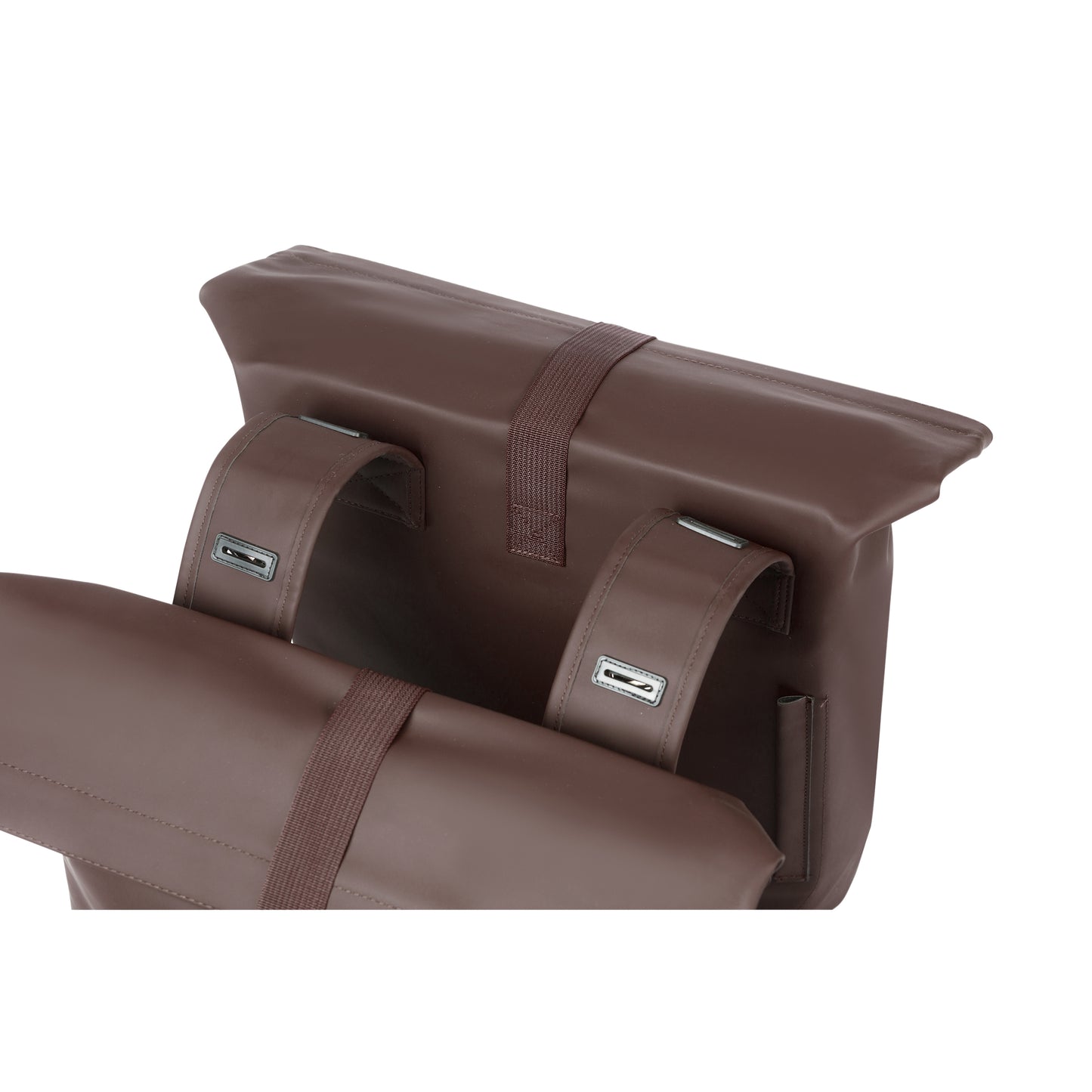 Sacoche arrière vélo double Basil vegan marron imitation cuir 28-32l fixation universelle porte bagage fermeture pliante anti-pluie avec réflechissant
