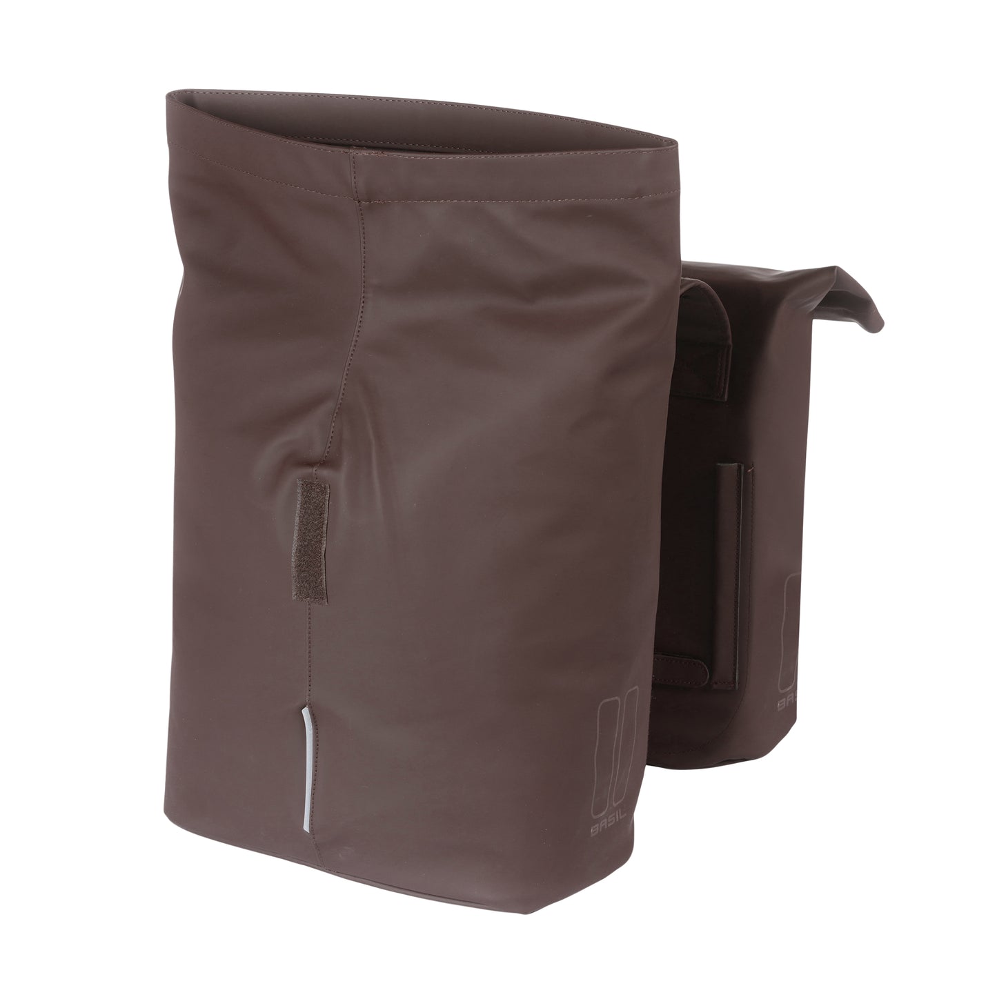 Sacoche arrière vélo double Basil vegan marron imitation cuir 28-32l fixation universelle porte bagage fermeture pliante anti-pluie avec réflechissant