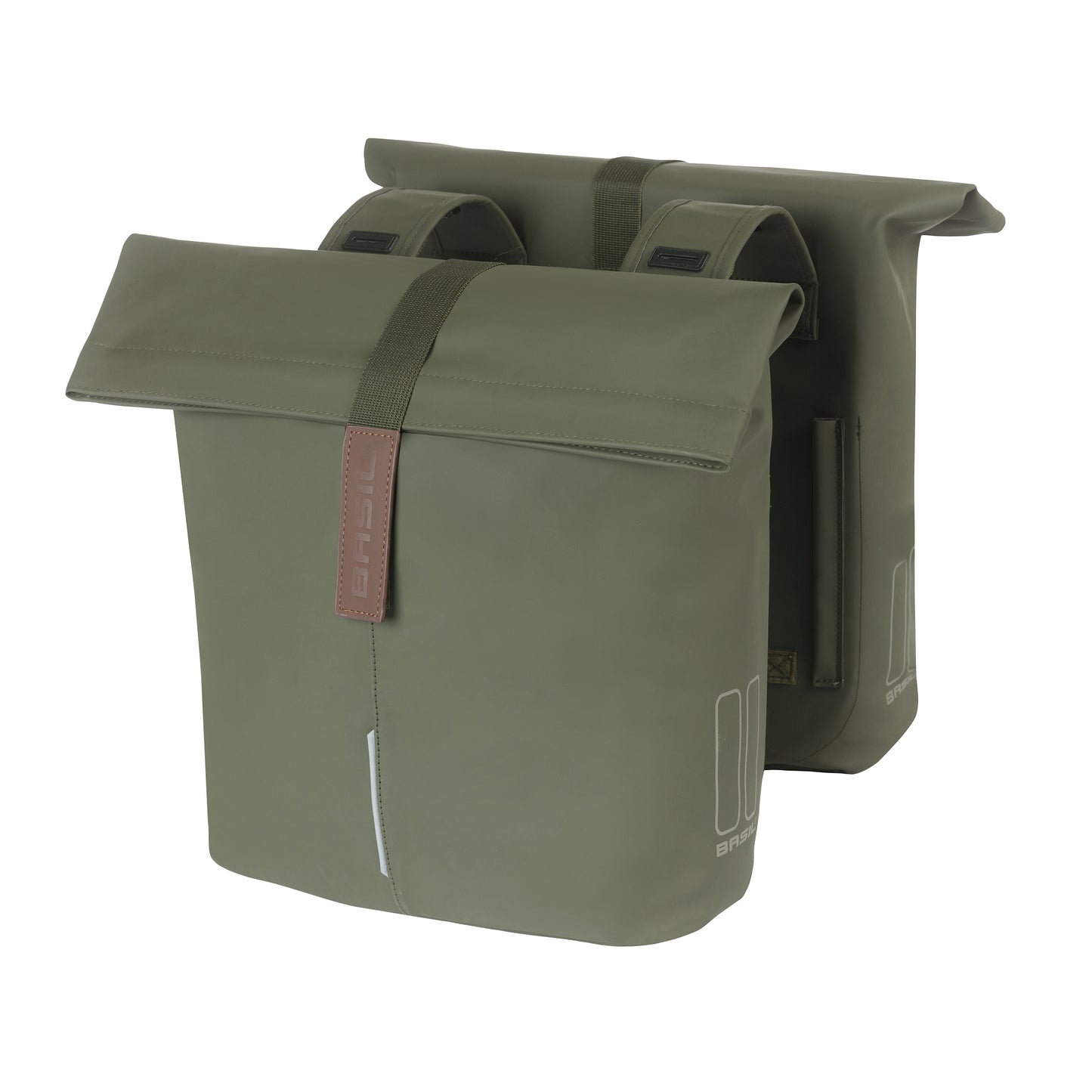 Sacoche arrière vélo double Basil vegan vert imitation cuir 28-32l fixation universelle porte bagage fermeture pliante anti-pluie avec réflechissant