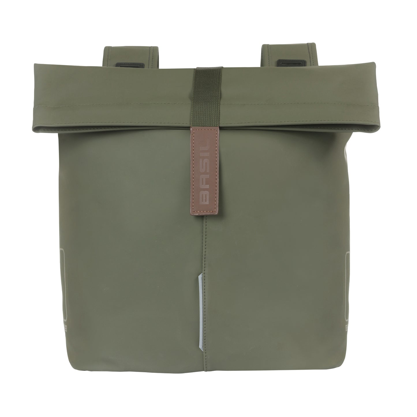 Sacoche arrière vélo double Basil vegan vert imitation cuir 28-32l fixation universelle porte bagage fermeture pliante anti-pluie avec réflechissant