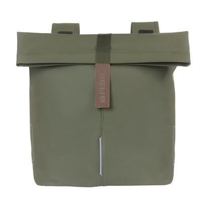 Sacoche arrière vélo double Basil vegan vert imitation cuir 28-32l fixation universelle porte bagage fermeture pliante anti-pluie avec réflechissant