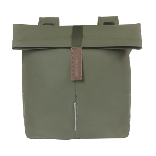 Sacoche arrière vélo double Basil vegan vert imitation cuir 28-32l fixation universelle porte bagage fermeture pliante anti-pluie avec réflechissant