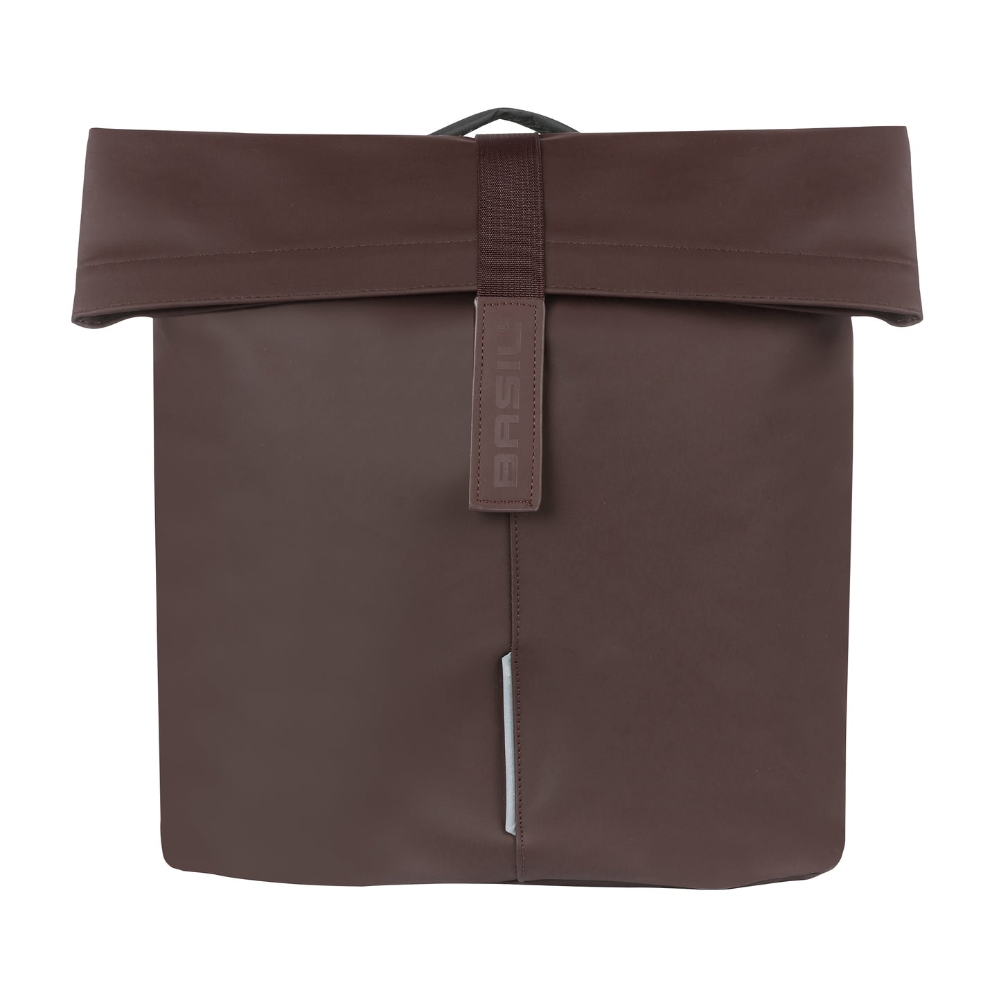 Sacoche arrière vélo double Basil vegan marron imitation cuir 28-32l fixation porte bagage fermeture pliante anti-pluie avec réflechissant fixation système mik