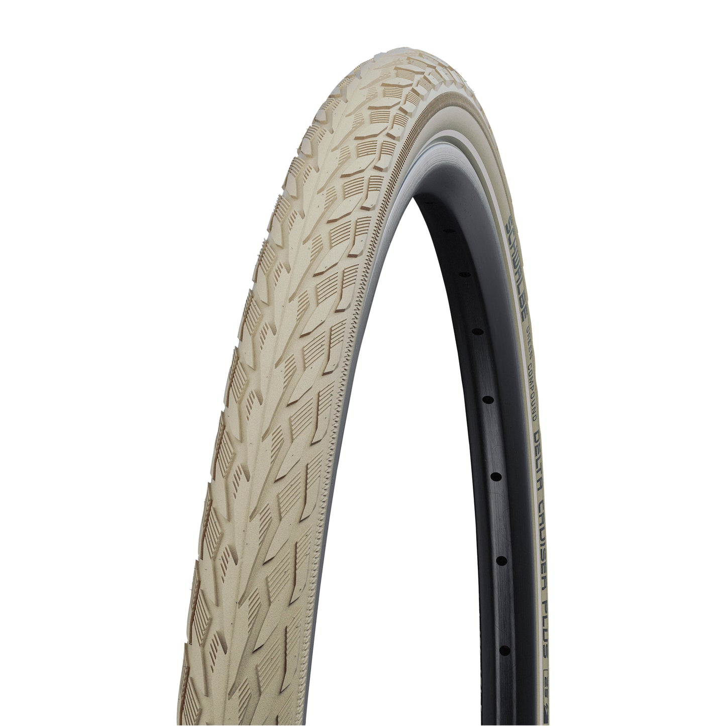Pneu VTC Urbain 700 X 35 Schwalbe Delta Cruiser plus Crème TR (37-622) Renfort Green Guard flanc Reflex