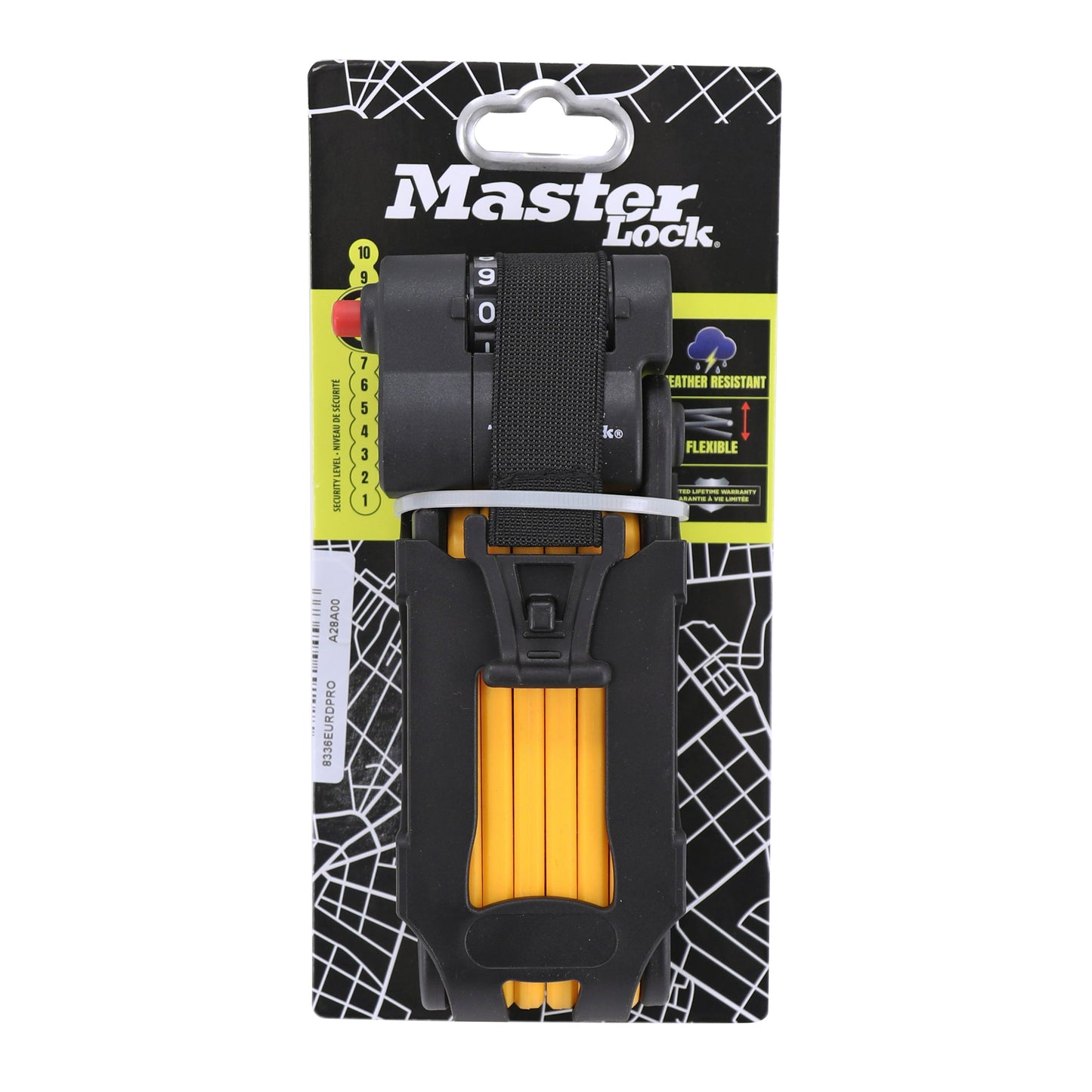 Masterlock folding combination bike lock, 4mm diameter, 800mm length, black-orange, includes mounting bracket