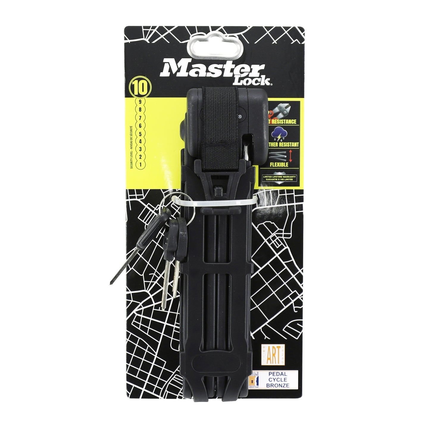 Antivol vélo pliable-pliant à clé Masterlock diam 5 mm l 950 mm noir inclus support fixation, 3 clés -homologué fub-