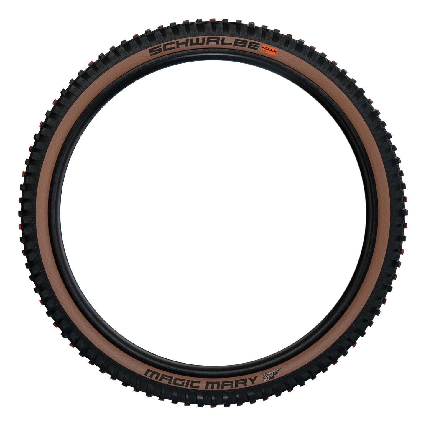 Pneu VTT Gravity 27.5 X 2.40 Schwalbe Magic Mary Evo Addix Super Gravity Soft Noir flanc Brun Tubeless Ready TS (62-584) (650B) Compatible VAE
