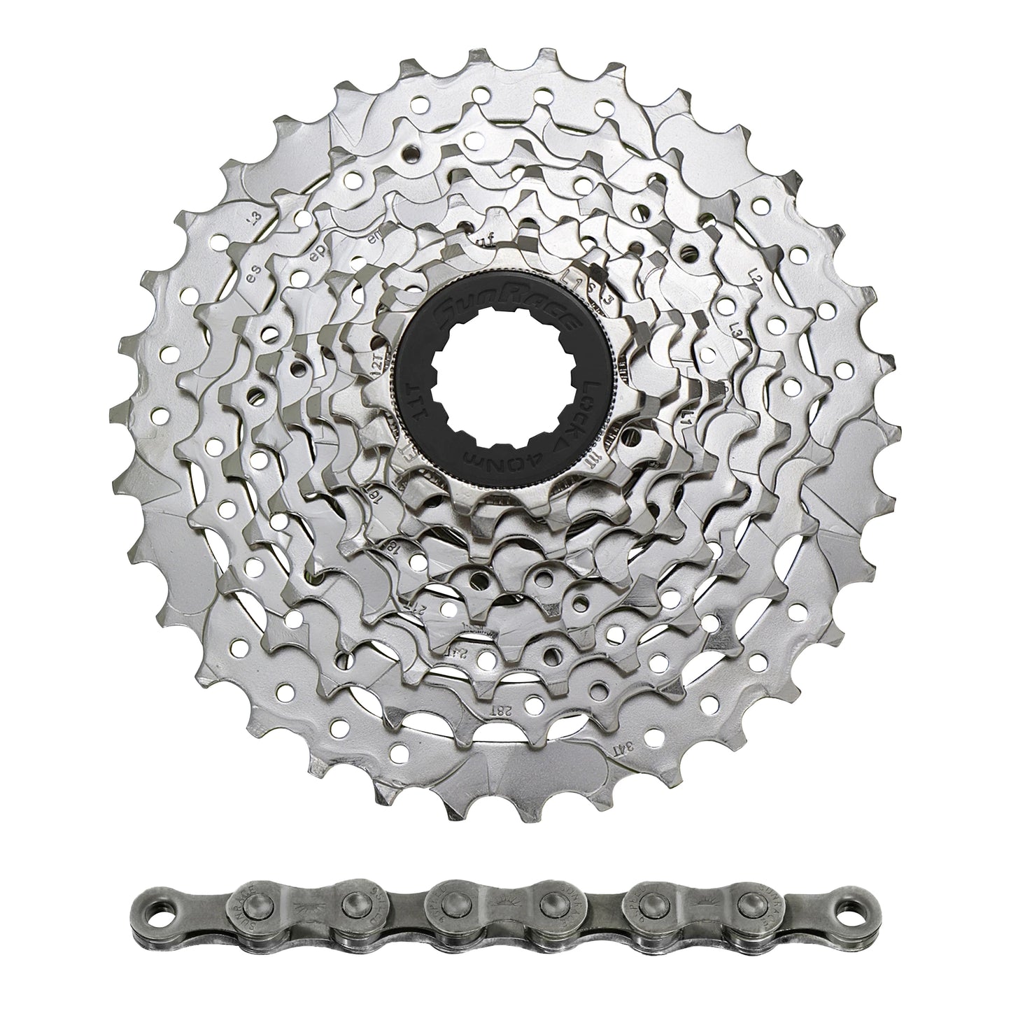 Cassette and chain 9s pack. Sunrace M96 11-34 MTB for Shimano nickel with CN-M94 116-link chain (11-12-14-16-18-21-24-28-34)