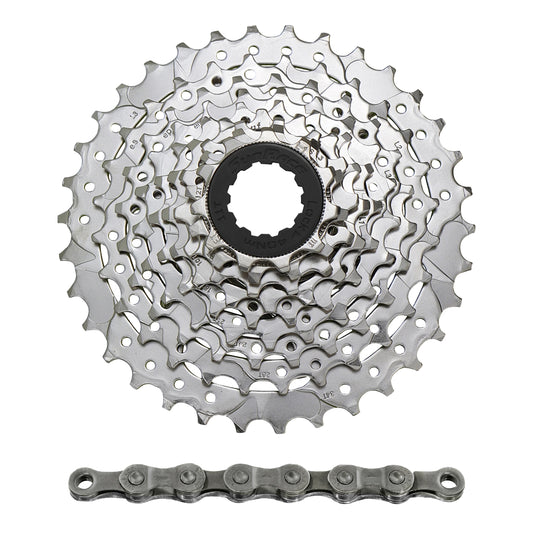 Cassette and chain 9s pack. Sunrace M96 11-34 MTB for Shimano nickel with CN-M94 116-link chain (11-12-14-16-18-21-24-28-34)