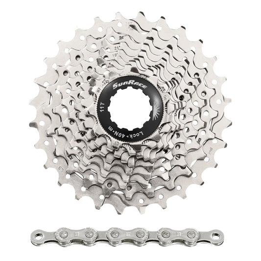 Cassette and chain pack 10s. Sunrace RS1 11-28 road for Shimano (105 level) metallic silver and CN10A 116-link chain (11-12-13-14-15-17-19-21-24-28)