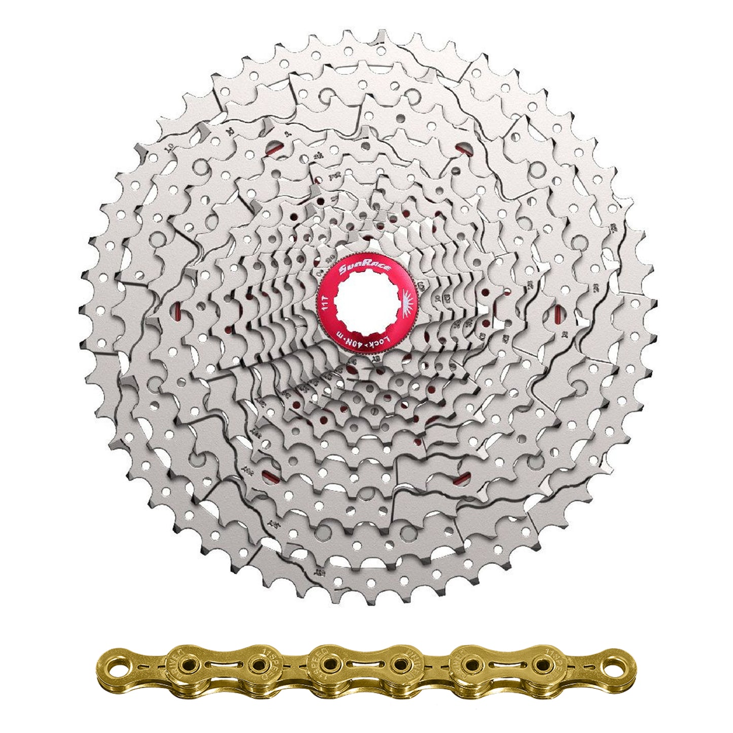 12-speed cassette and chain pack. Sunrace MZ800 11-51 MTB Shimano compatible metallic silver with CN12Z 126 link chain (11-13-15-17-19-21-24-28-33-39-45-51)