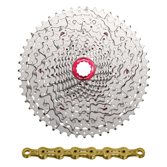 12-speed cassette and chain pack. Sunrace MZ800 11-51 MTB Shimano compatible metallic silver with CN12Z 126 link chain (11-13-15-17-19-21-24-28-33-39-45-51)