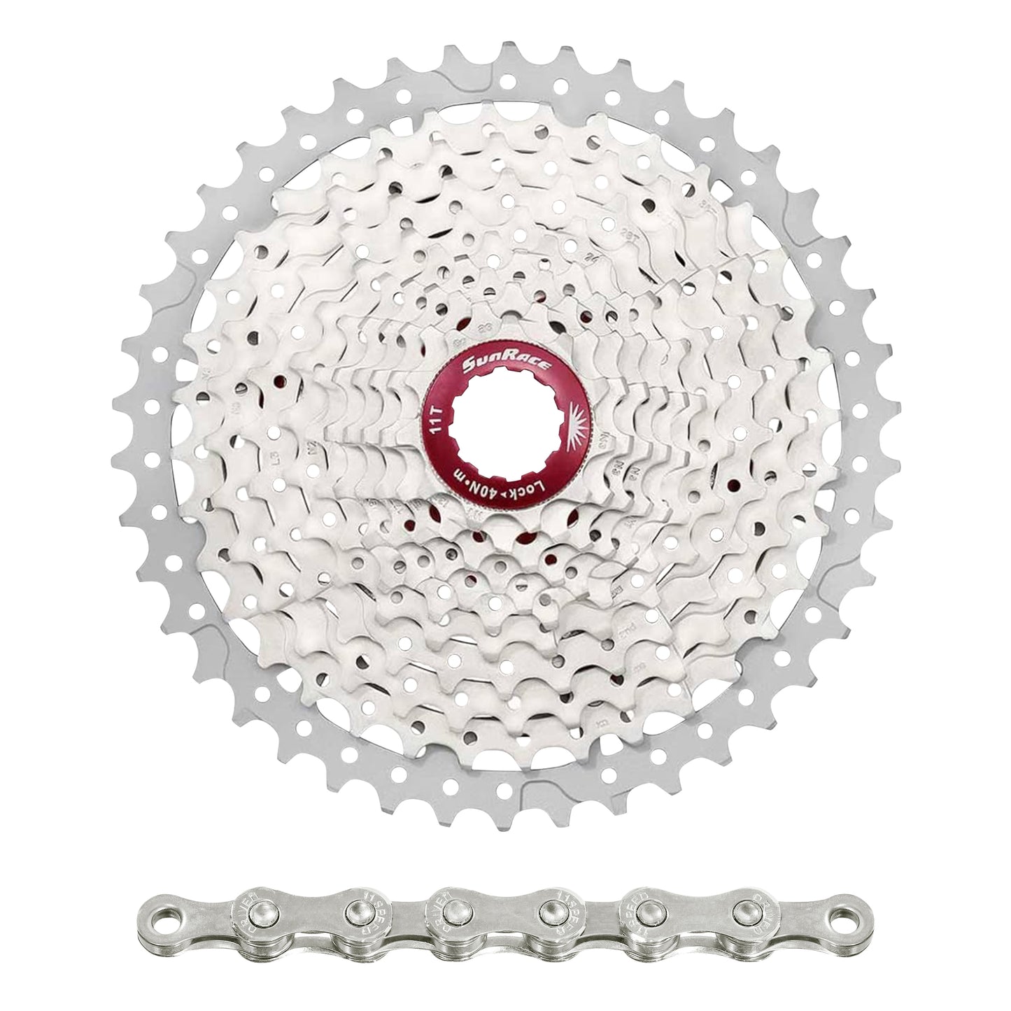 Cassette and chain pack 11s. Sunrace MS8 11-46 MTB for Shimano metallic silver and CN11A 126-link chain (11-13-15-18-21-24-28-32-36-40-46) (2 blocks + sprockets)