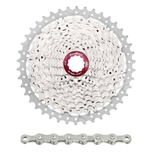 Cassette and chain pack 11s. Sunrace MS8 11-46 MTB for Shimano metallic silver and CN11A 126-link chain (11-13-15-18-21-24-28-32-36-40-46) (2 blocks + sprockets)