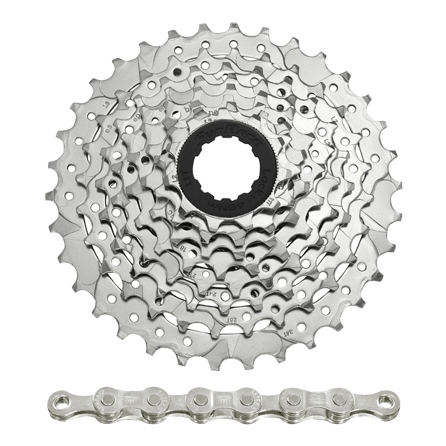 8-speed cassette and chain pack. Sunrace M66 11-32 MTB for Shimano-SRAM nickel with CNM84 116-link chain (11-13-15-18-21-24-28-32)