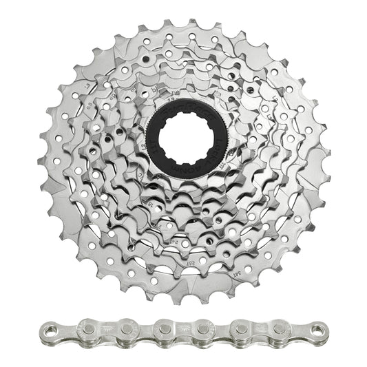 8-speed cassette and chain pack. Sunrace M66 11-32 MTB for Shimano-SRAM nickel with CNM84 116-link chain (11-13-15-18-21-24-28-32)