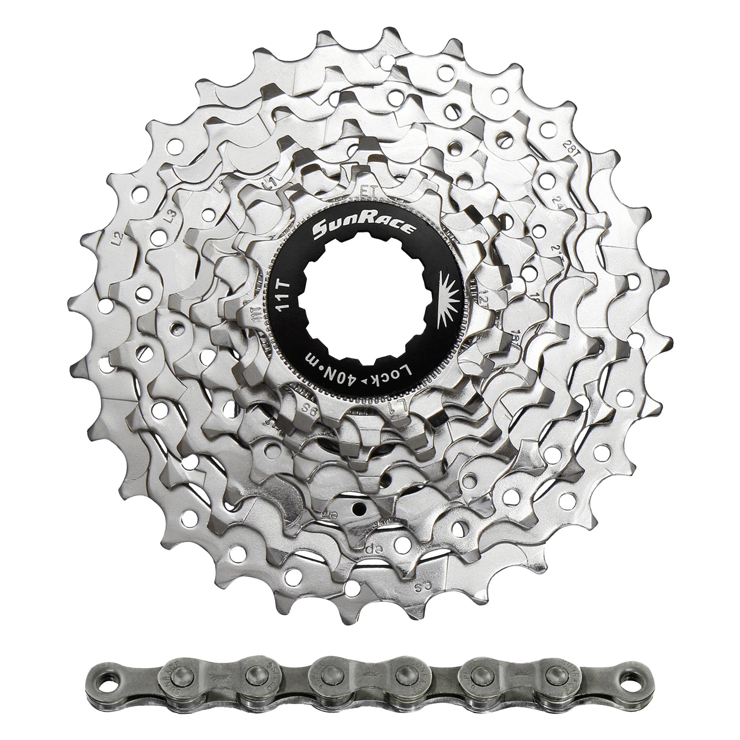 Cassette and chain pack 9-speed. Sunrace r91 11-28 road for Shimano, nickel with cnm94 116 link chain (11,12,13,14,16,18,21,24,28)