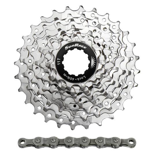 Cassette and chain pack 9-speed. Sunrace r91 11-28 road for Shimano, nickel with cnm94 116 link chain (11,12,13,14,16,18,21,24,28)