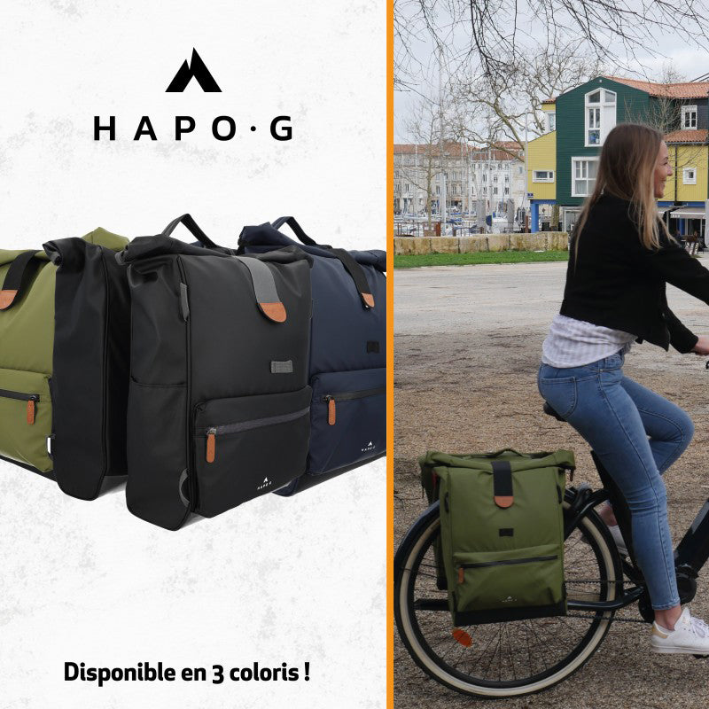 Sacoche arrière vélo double Hapo.g roll-Top 2x25l noir 61x33x16cm / fixation sangles réglables et velcros sur porte bagage