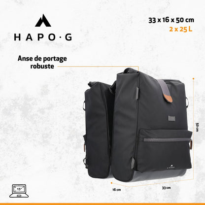 Sacoche arrière vélo double Hapo.g roll-Top 2x25l noir 61x33x16cm / fixation sangles réglables et velcros sur porte bagage