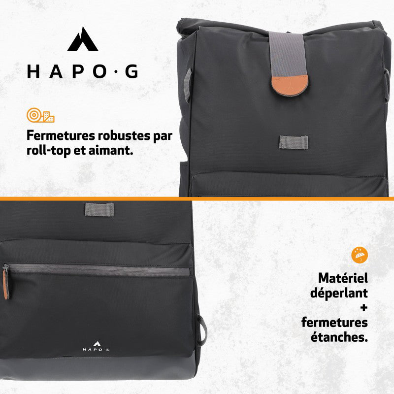 Sacoche arrière vélo double Hapo.g roll-Top 2x25l noir 61x33x16cm / fixation sangles réglables et velcros sur porte bagage