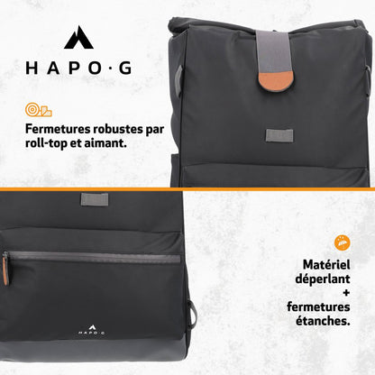 Sacoche arrière vélo double Hapo.g roll-Top 2x25l noir 61x33x16cm / fixation sangles réglables et velcros sur porte bagage