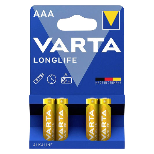 Varta LR03 AAA alkaline Longlife batteries sold in packs of 4