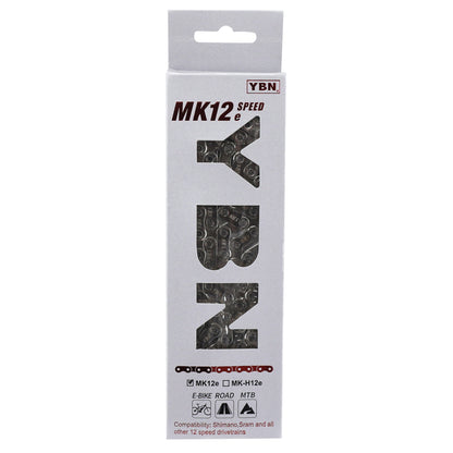 Chaîne vélo 12v. VTT-VAE ybn flattop argent renforcé 136 maillons compatible Shimano et Sram